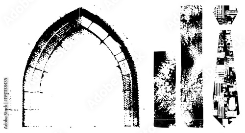 Gothic stone archway with masonry, textured vertical pillar, abstract tie silhouette, halftone vector art, architectural elements, graphic design motifs.