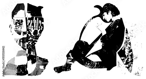 Stylized human figures rendered in black and white halftone, fragmented, graphic art, bold, vector illustration, artistic expression, modern design.