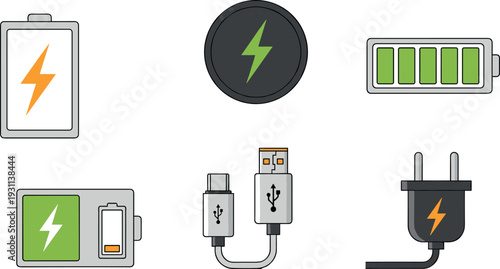 Battery charging icons set with power plug USB cable energy symbols and charge level indicators modern electricity technology vector illustration isolated