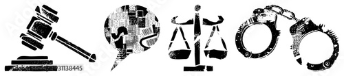 Legal featuring gavel, scales of justice, and handcuffs, rendered as graphic symbols for law enforcement or judicial themes.