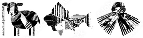 Abstract animal cutouts with bold, stylized sheep, fish, and bird, vector art, graphic design elements.