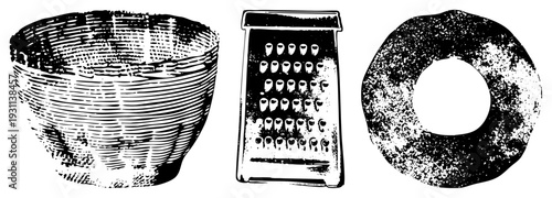 Hand drawn rustic kitchenware including woven basket, box grater, and ceramic plate, rendered in halftone texture, vector illustration.
