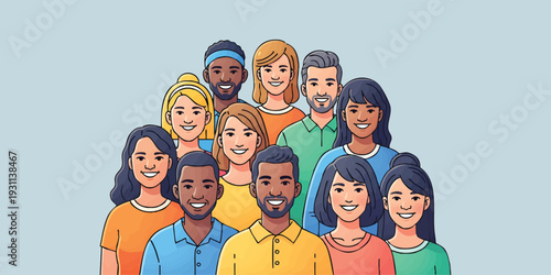 Diverse group of smiling people standing together in unity and friendship, isolated on a light blue background 