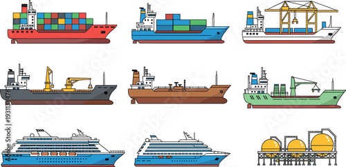 Cargo ships and maritime vessels collection including container ship tanker cruise ship and industrial port equipment flat vector transportation illustration set