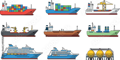 Cargo ships and maritime vessels collection including container ship tanker cruise ship and port crane transport vector illustration set isolated