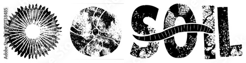 Textured soil logo with earthworm integrated into lettering, organic typography, eco design, garden, compost symbol, agricultural emblem.