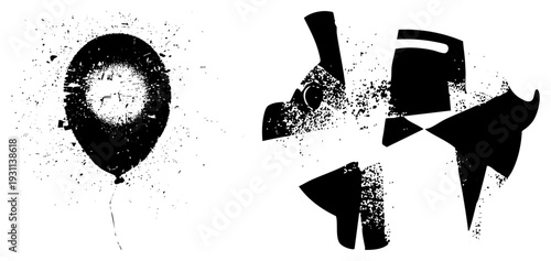 Graphic design featuring stylized balloon and animal shapes with distressed halftone texture, vector cutouts, abstract art, spray paint effect, urban graffiti style.