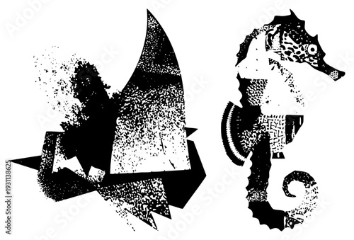 Graphic illustration of stylized seahorse and shark fin in black and white, halftone, vector art, marine theme, isolated design elements.