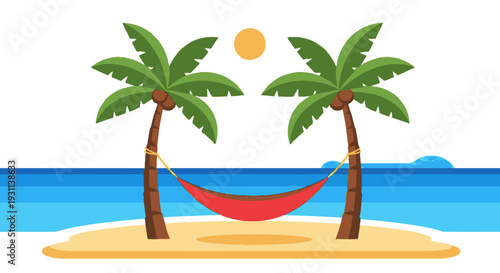Hammock between Palm Trees on Beach.