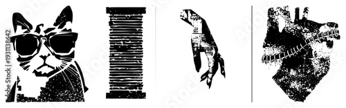 Cool wearing oversized sunglasses, stylized cat portrait, urban pet, graphic design element, black and white illustration.