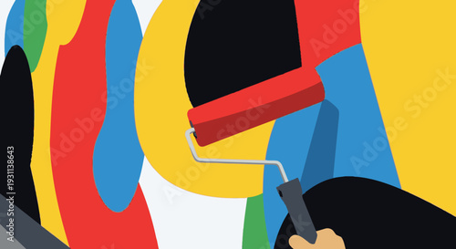 Hand Holding Paint Roller with Colorful Paint.