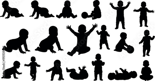 Collection of baby silhouette poses showing crawling sitting standing walking and playing with ball adorable infant growth stages isolated black vector set for design