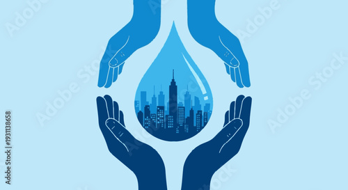 Hands Holding Water Drop with Cityscape.