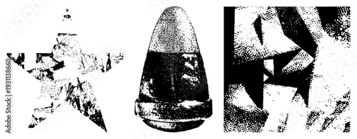 Black and white halftone graphic featuring star, bullet, and angular forms, vector art, isolated shapes, stylized design, print aesthetic.