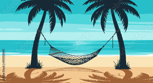 Hammock between two palm trees on beach.