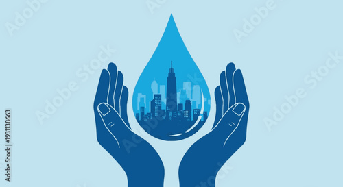 Hands Holding Water Drop with Cityscape.
