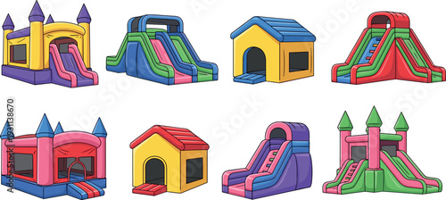 Colorful inflatable bounce house and slide set for kids party, cartoon bouncy castle playground vector illustration isolated