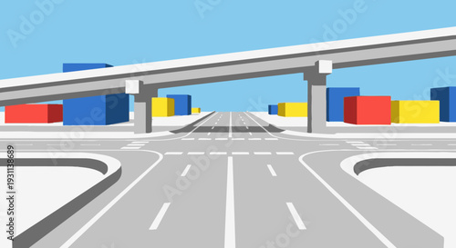 Highway with Shipping Containers and Overpass.
