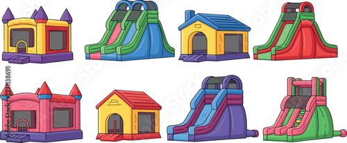 Colorful inflatable bouncy castle and slide set for kids party playground, cartoon bounce house collection isolated on white background vector illustration
