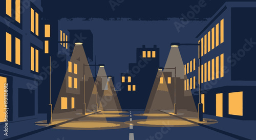 Illustration of Buildings with Illuminated Windows at Night.