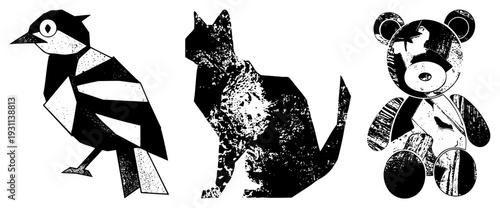Vector art of bird, cat, teddy bear in stylized shapes with halftone grain, isolated foreground elements, graphic design subjects.