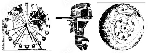 Classic amusement park ferris wheel, vintage outboard motor, rugged off road tire, all rendered in bold halftone vector style with high contrast and geometric precision.