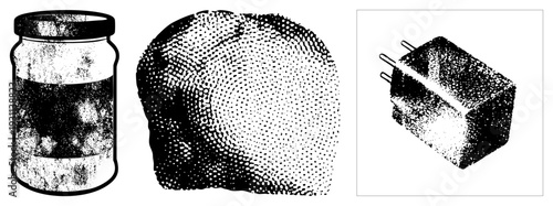 Vector halftone illustrations of a glass jar, textured rock, and electrical plug, rendered in black and white dot, isolated foreground elements.