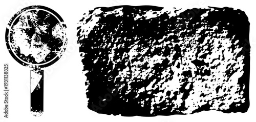 Handheld magnifier examining rough, grainy texture, scientific tool, close up inspection, lab equipment, black and white vector graphic.