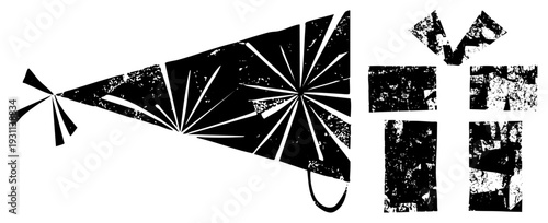 Black and white graphic with fractured triangular forms, radial burst, distressed texture, vector art, stylized composition, modern abstract design.