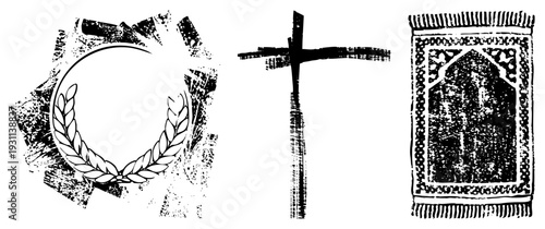 Symbolic religious including laurel wreath,, and Islamic prayer rug design, vector, spiritual motifs, sacred geometry, cultural emblems.
