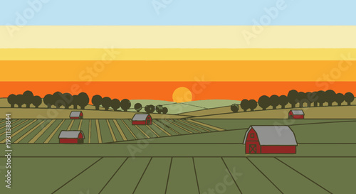 Farm Barns and Fields at Sunset.
