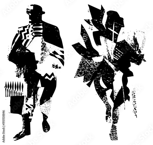 Two stylized human forms in bold, graphic design, abstract silhouettes, artistic vector illustration, urban street art influence.