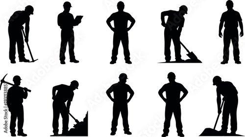 Construction worker silhouettes set with shovel, pickaxe and inspection clipboard, industrial labor vector illustration isolated on white background