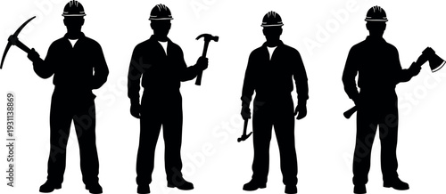Construction worker silhouettes holding tools including pickaxe, hammer and axe, industrial laborer vector illustration isolated