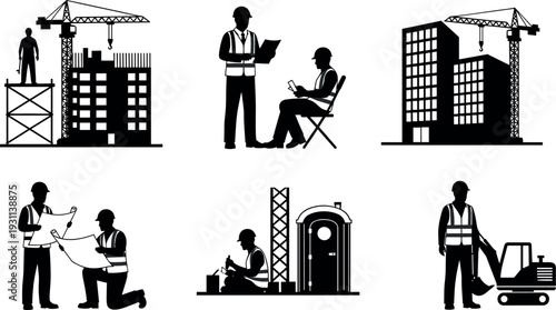 Construction workers and engineers silhouette set with building crane, blueprint planning and excavation machinery vector illustration isolated