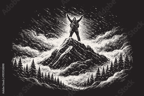Mountaineer standing on a mountain peak at night, a dramatic black and white vector illustration featuring a traveler reaching the summit under a starlit sky in a detailed scratchboard style.