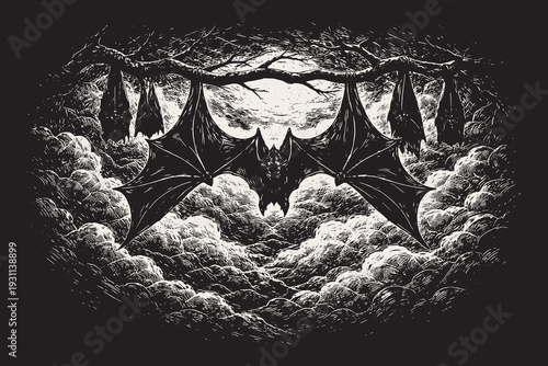 A colony of bats hanging from a dark tree branch under a full moon, detailed black and white scratchboard style vector illustration for design.