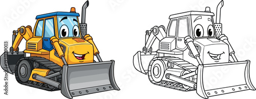 Cute cartoon bulldozer construction vehicle character with smiling face and outline version kids coloring page heavy machinery illustration isolated vector for children education