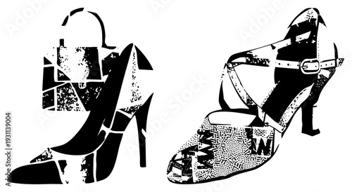 Fashionable women’s footwear featuring stiletto heels, graphic textures, and buckle straps, isolated vector art, chic footwear design.