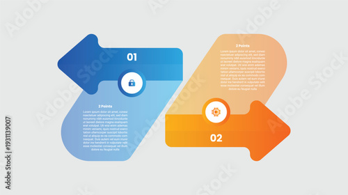 2 points comparison versus infographic with gradient style with skew and tilt box with arrow opposite upside down with 2 elements stages