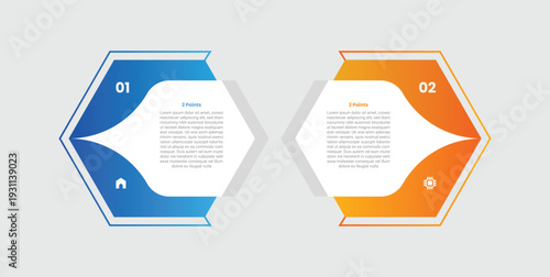 2 points comparison versus infographic with gradient style with hexagon shape with liquid curve sharp container inside with 2 elements stages