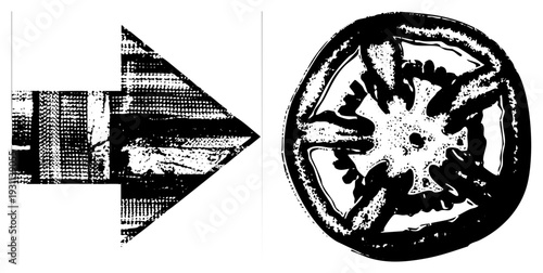 Retro halftone arrow pointing right, circular gear with toothed edges, vector graphic, black and white, mechanical design, isolated elements.