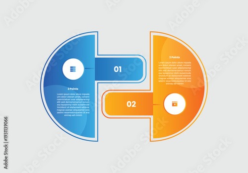 2 points comparison versus infographic with gradient style with half circle cut with round rectangle extrusion opposite direction with 2 elements stages