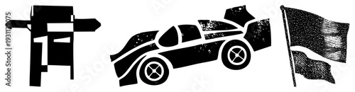 Vector race car silhouette, checkered flag waving, racing post, flat design, motorsport symbols, isolated graphics, sporty aesthetic.