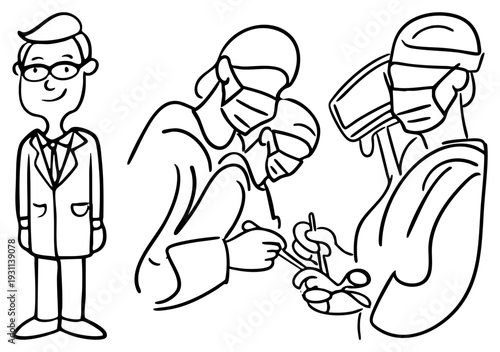 Surgeons in scrubs and masks with instruments, assistant holding tools, medical staff in sterile environment, surgical team collaboration.