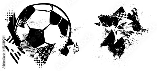 Black and white vector soccer ball with halftone splatter and abstract starburst, sport graphic, athletic, football design, stylized motion, urban graffiti aesthetic.