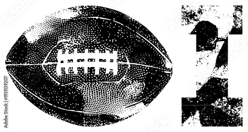 Retro sports graphic featuring football and number 11 in gritty halftone style, classic Americana, athletic emblem, stencil art, vintage sports.
