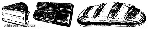 Black and white vector sketch of cake, chocolate, and bread with textured shading. Ideal for bakery or branding.