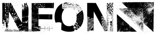 Bold black lettering spelling "NEON" with gritty, weathered textures, urban signage style, distressed typography, vintage neon aesthetic, graphic design element.