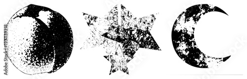 Distressed halftone celestial, moon phases, starburst, vector graphic elements, gritty texture, abstract night sky motifs.